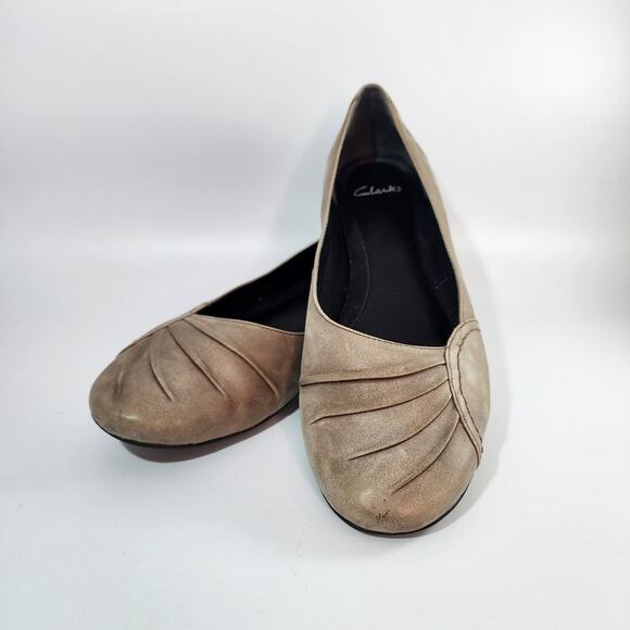 Clarks Taupe Gathered Toe Leather Ballet Flats Women's Size 11M - Picture 1 of 11